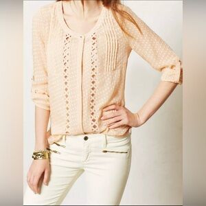 Meadow Rue Adoria Buttondown Sheer Silk Pleated Swiss Dot Roll Tab Blouse Sz S